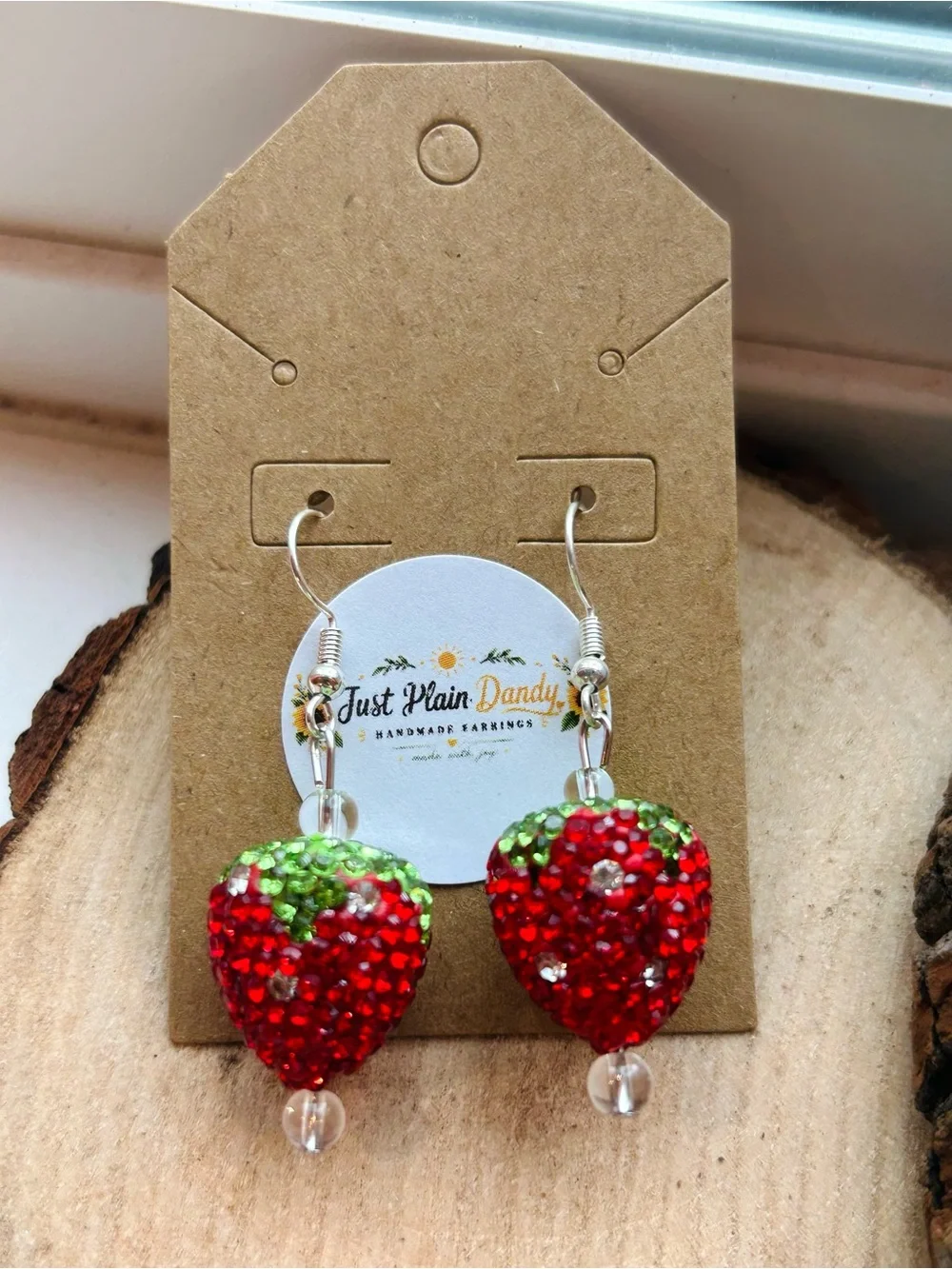 Handmade Strawberry Rhinestone Dangle Earrings NWT Cute Kawaii - Picture 2 of 4